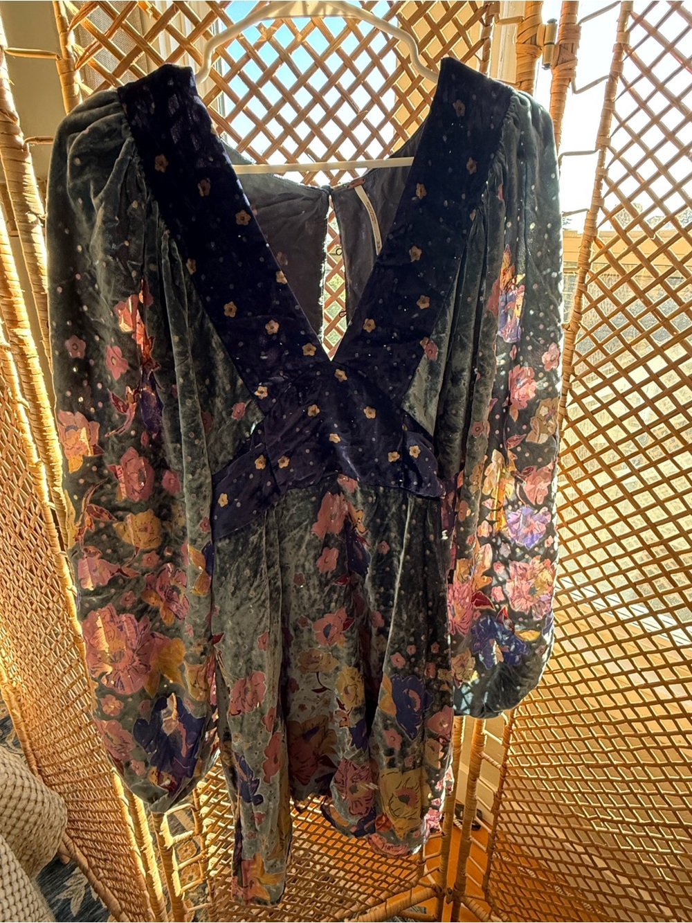 Floral Velvet V-Neck Dress Tunic in Olive Green and Navy